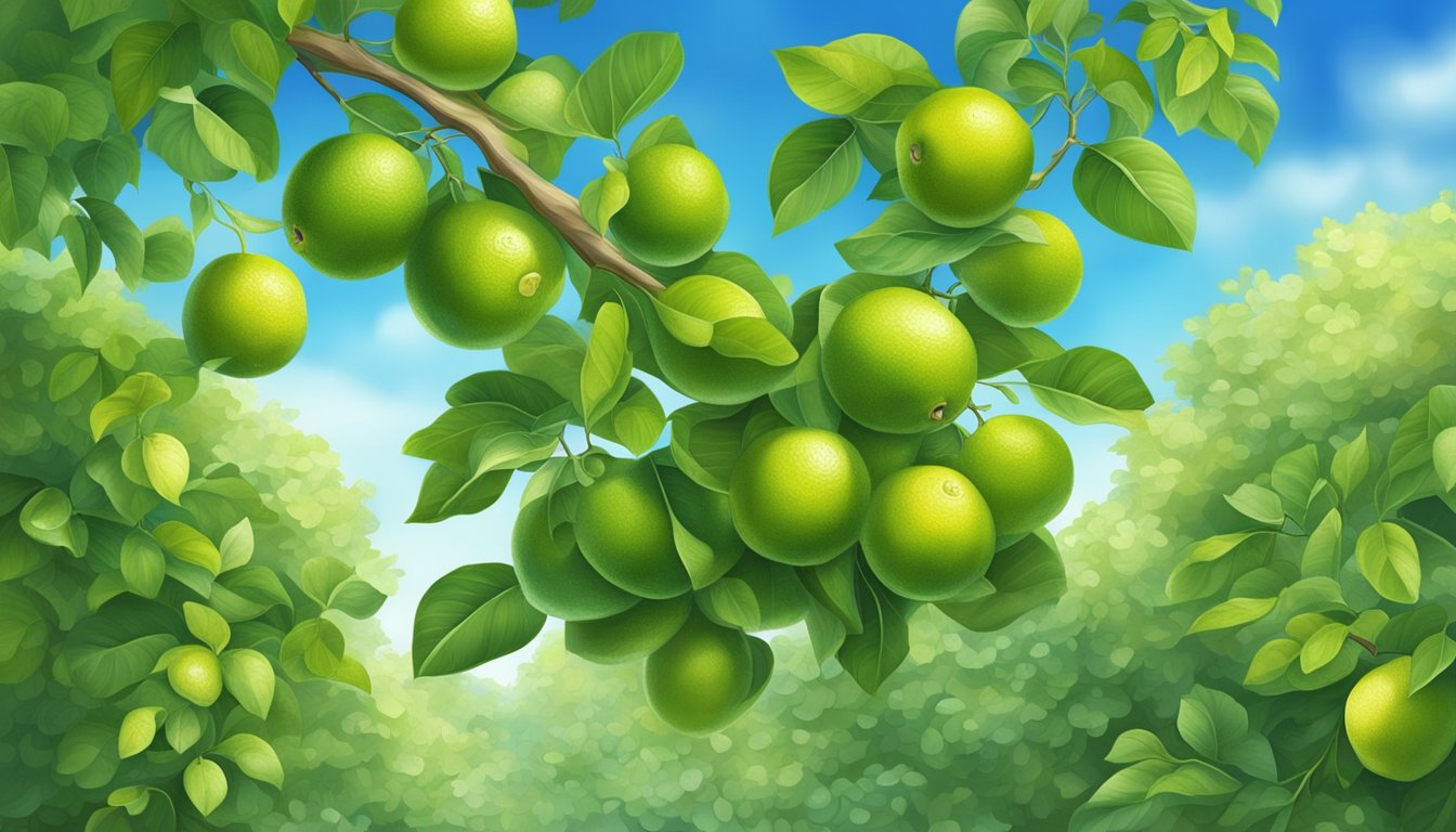 A vibrant lime tree with ripe fruit hanging from the branches, surrounded by lush green leaves and a clear blue sky in the background