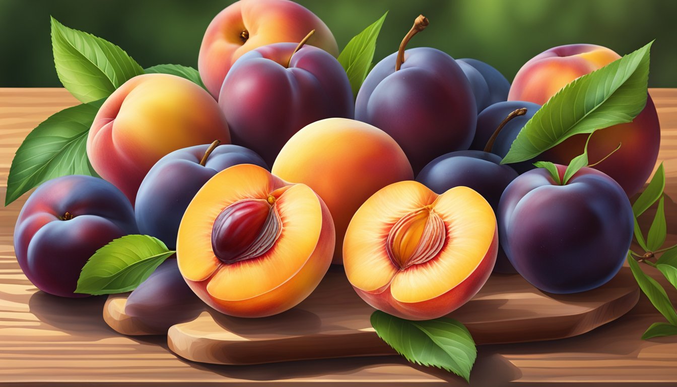 A colorful array of nectarines, peaches, and plums arranged on a wooden cutting board, surrounded by vibrant green leaves and a soft, natural light