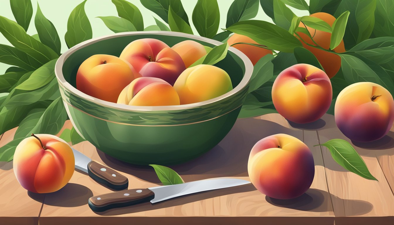 A bowl of ripe nectarines surrounded by green leaves and a knife on a wooden cutting board