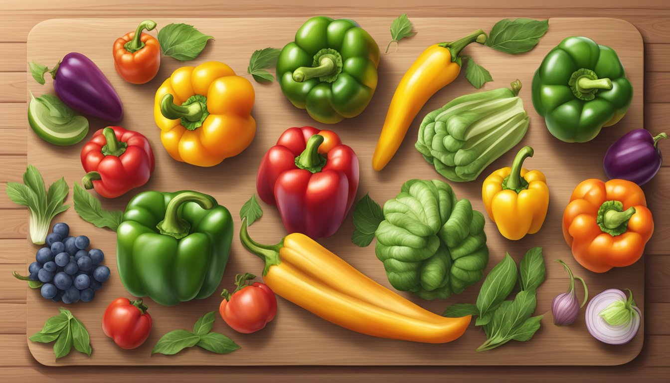 A colorful array of bell peppers arranged on a wooden cutting board, surrounded by various fruits and vegetables