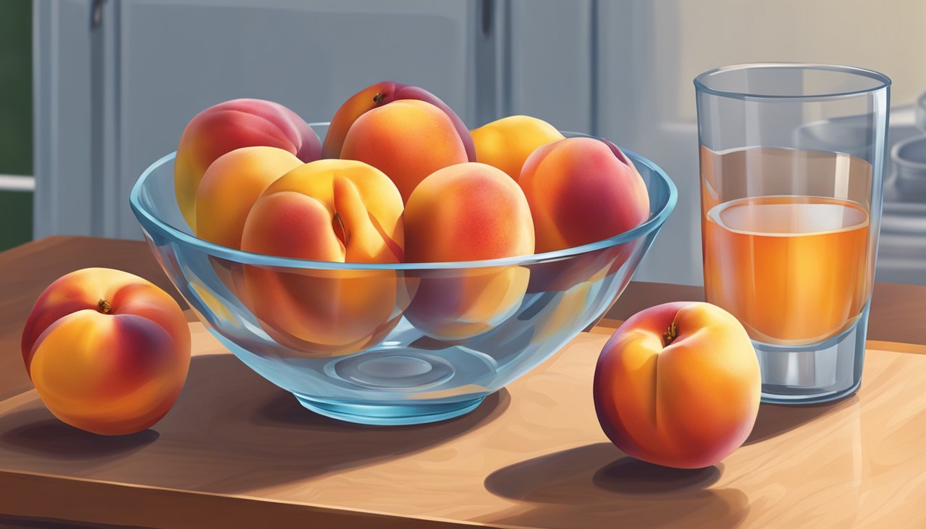 A bowl of ripe nectarines next to a glass of water, with a few nectarines sliced and arranged on a cutting board. A small container of sliced nectarines is being placed in the refrigerator for storage