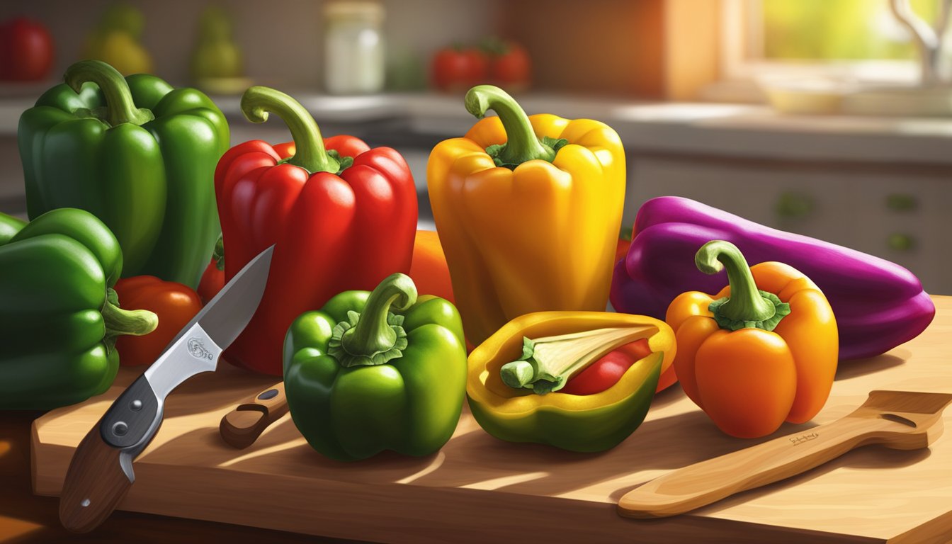 A colorful assortment of bell peppers arranged on a cutting board, with a knife nearby. Rays of sunlight highlight the vibrant red, yellow, and green hues of the peppers