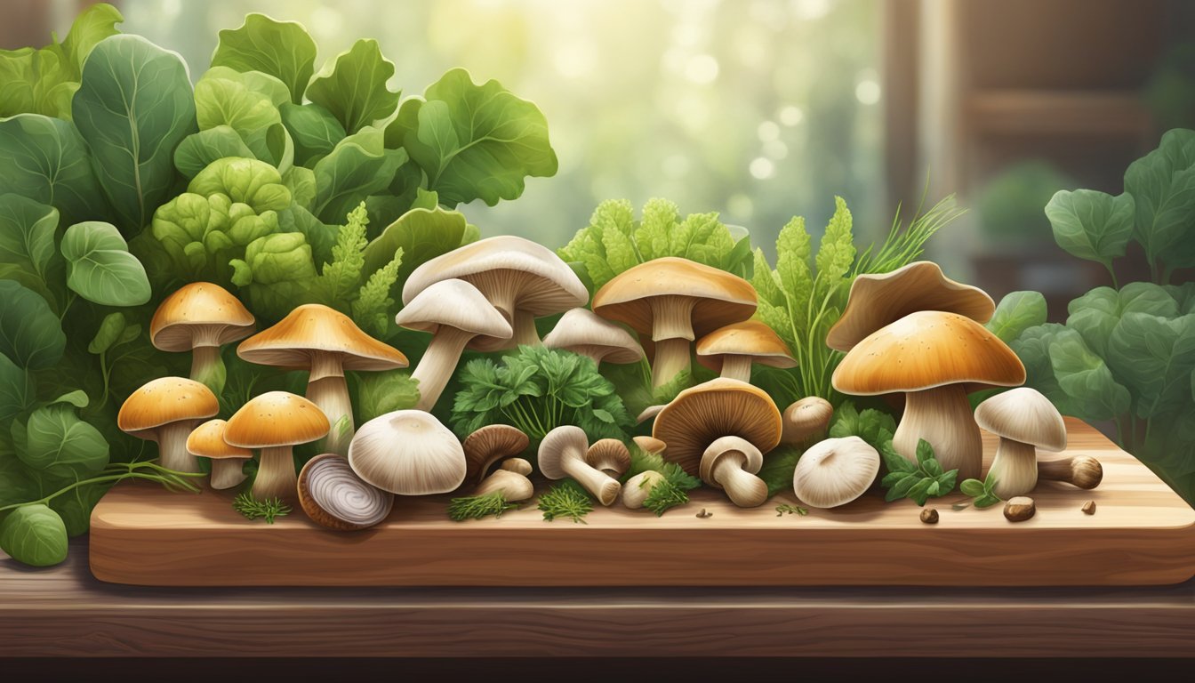 A variety of mushrooms arranged on a wooden cutting board, surrounded by fresh herbs and vegetables. Rays of sunlight streaming in, highlighting the earthy colors and textures