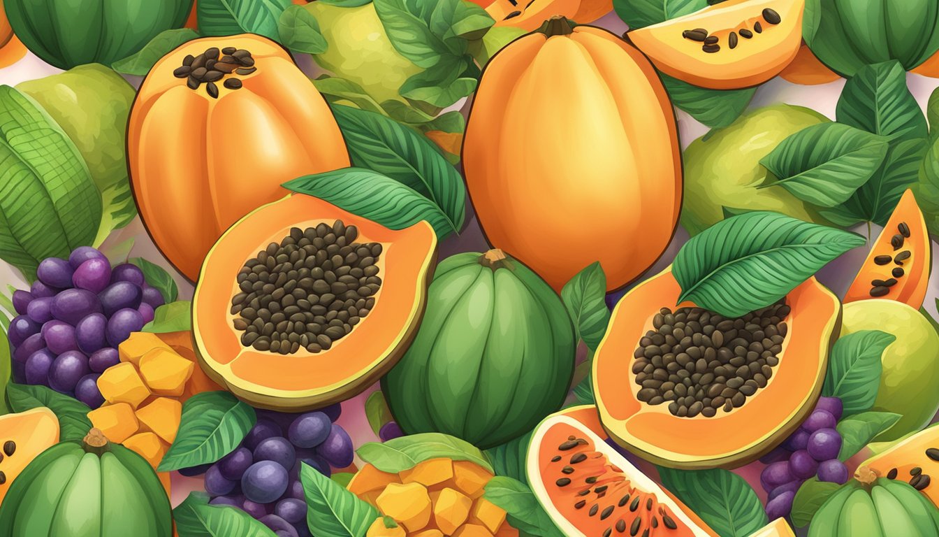 A vibrant papaya fruit surrounded by slices, seeds, and leaves, with a colorful array of other fruits in the background