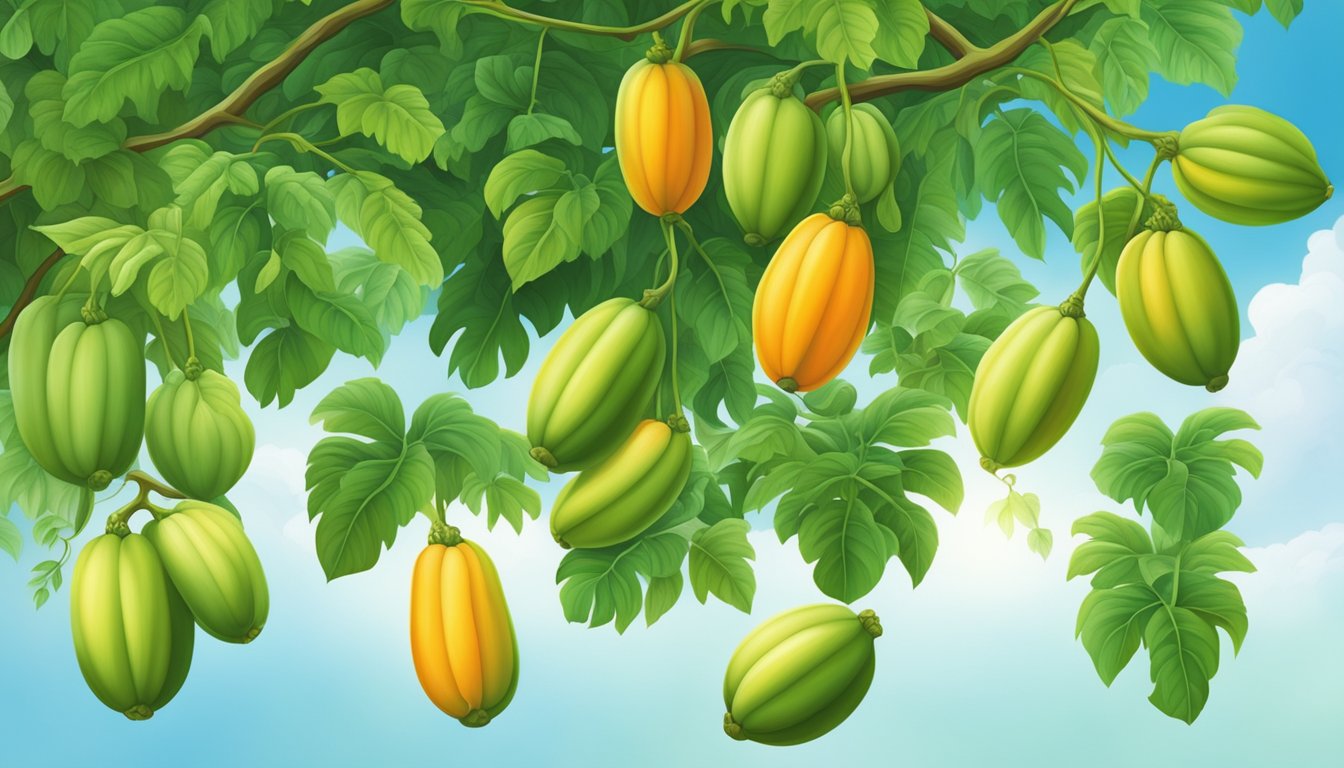 A vibrant papaya tree surrounded by lush green foliage, with ripe fruits hanging from the branches, exuding a sense of vitality and health