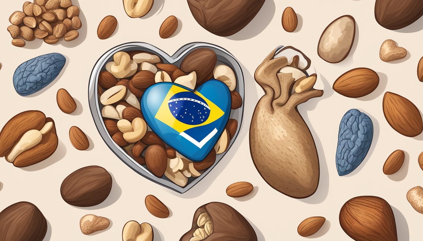 A pile of brazil nuts surrounded by images of a heart, brain, and bones, symbolizing the health benefits of the nuts for cardiovascular, cognitive, and bone health