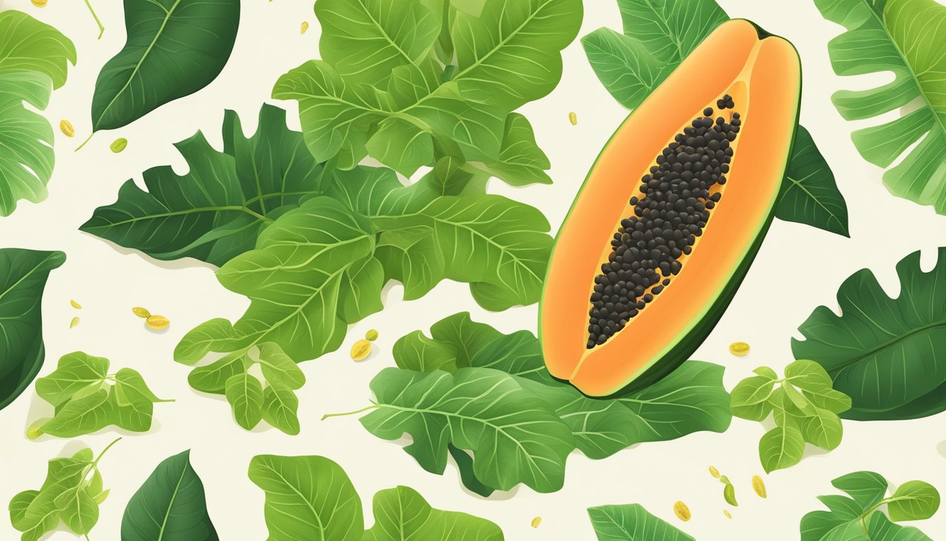 A ripe papaya surrounded by vibrant green leaves and a scattering of seeds