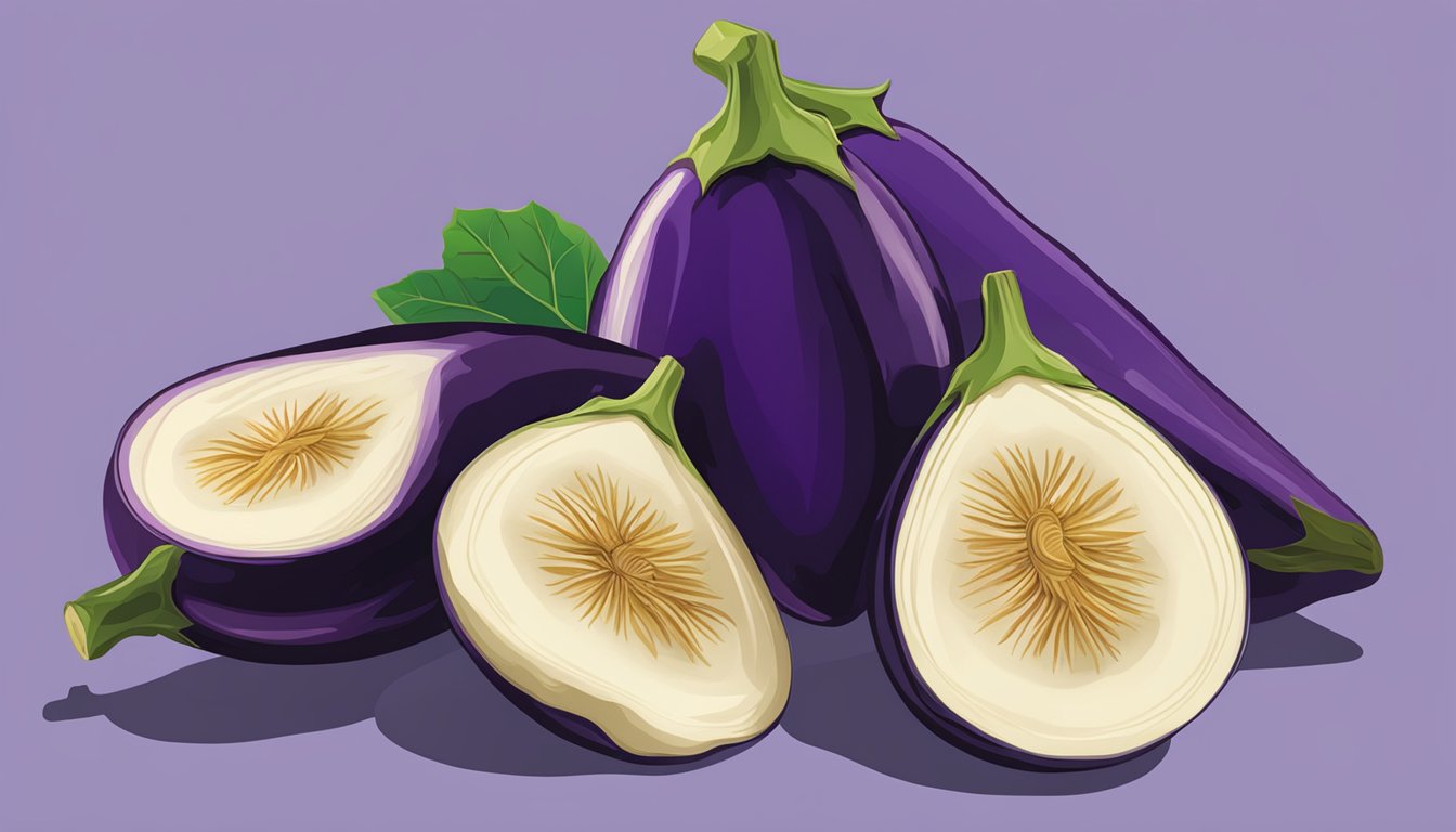 A colorful illustration of a variety of eggplants, showcasing their vibrant purple hues and various shapes and sizes