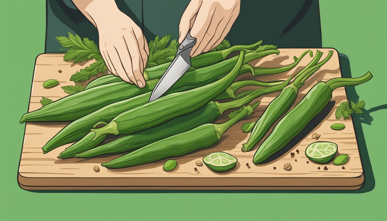 Fresh okra pods arranged on a cutting board, surrounded by various herbs and spices. A chef's knife is poised to slice through the tender green vegetable