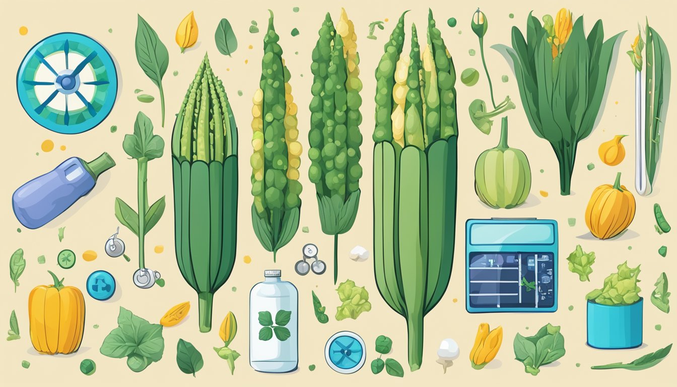 A colorful illustration of okra surrounded by various medical symbols and icons representing potential health benefits and considerations