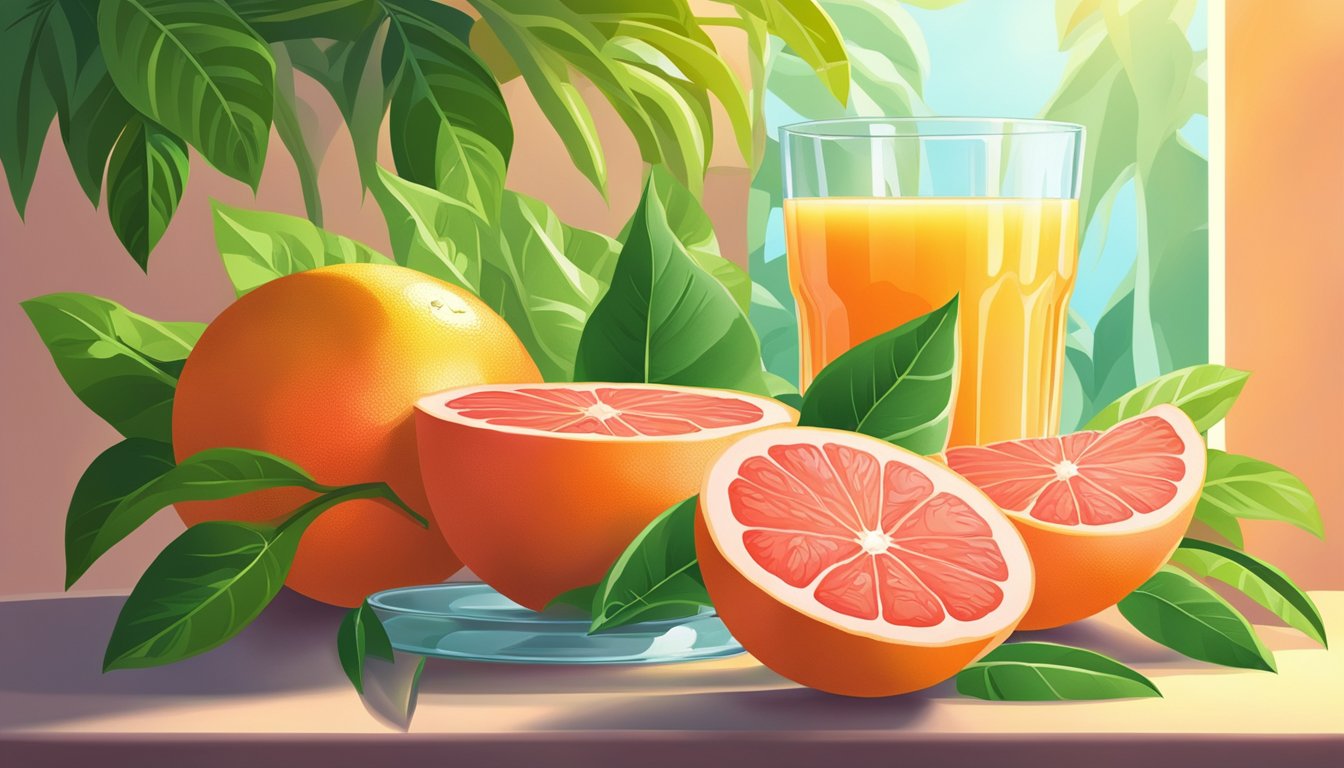 A ripe grapefruit surrounded by fresh green leaves and a glass of grapefruit juice, with rays of sunlight streaming in, highlighting its vibrant color