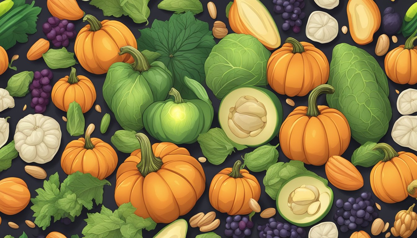 A pile of pumpkin seeds surrounded by various fruits and vegetables, with a glowing aura indicating their health benefits