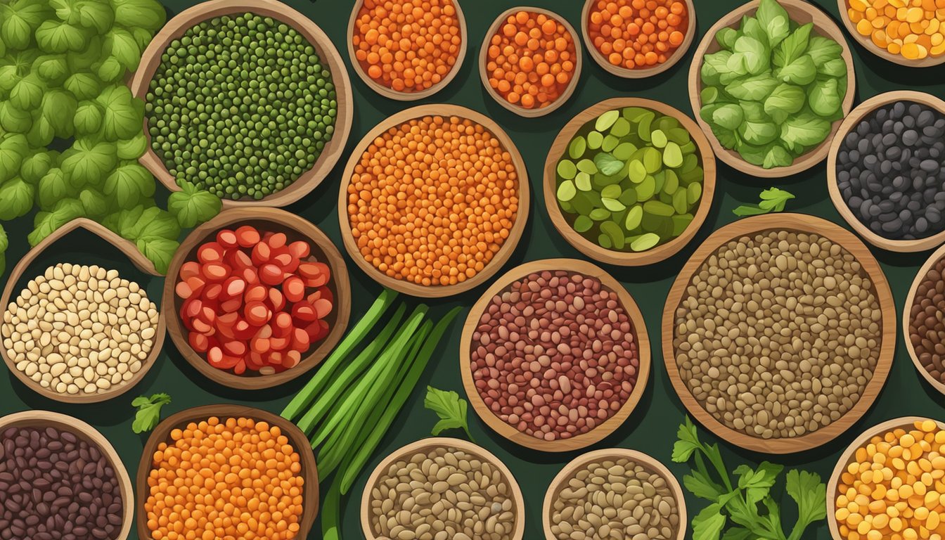 A colorful array of lentils, including green, brown, and red varieties, surrounded by fresh vegetables and a measuring scale to illustrate their nutritional benefits