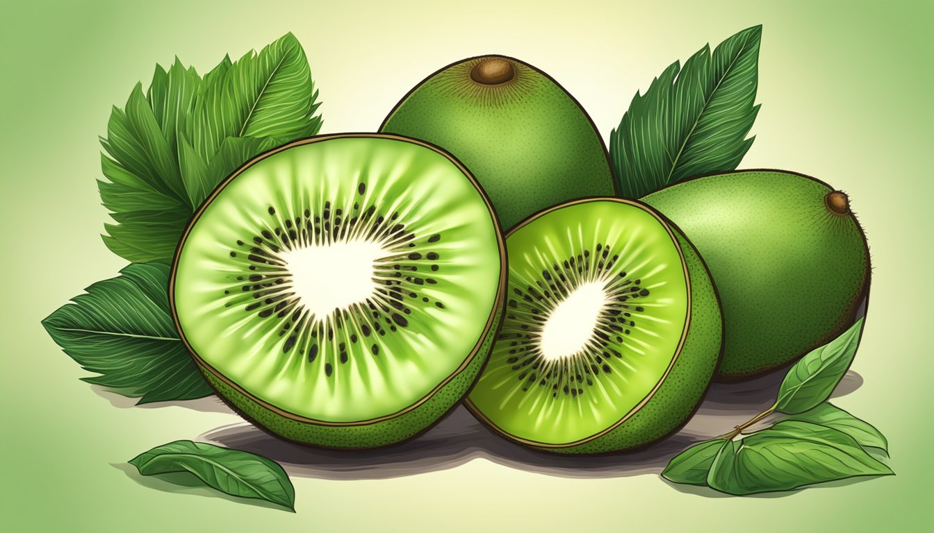 A vibrant kiwi fruit surrounded by slices and leaves, showcasing its nutritional benefits and health advantages