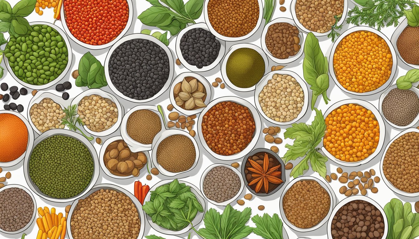 A colorful array of lentils, including green, brown, and red varieties, surrounded by vibrant vegetables and a variety of herbs and spices