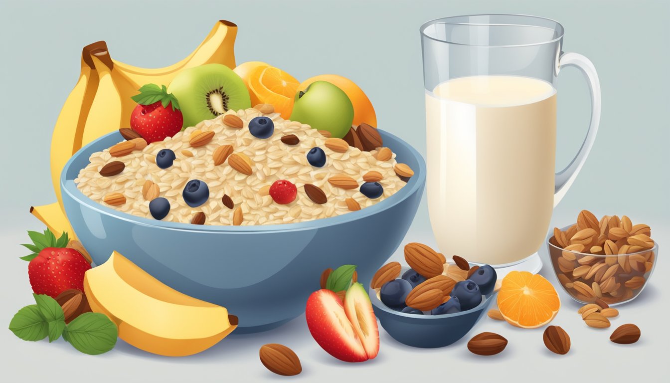 A bowl of oats surrounded by a variety of fresh fruits and nuts, with a glass of milk on the side