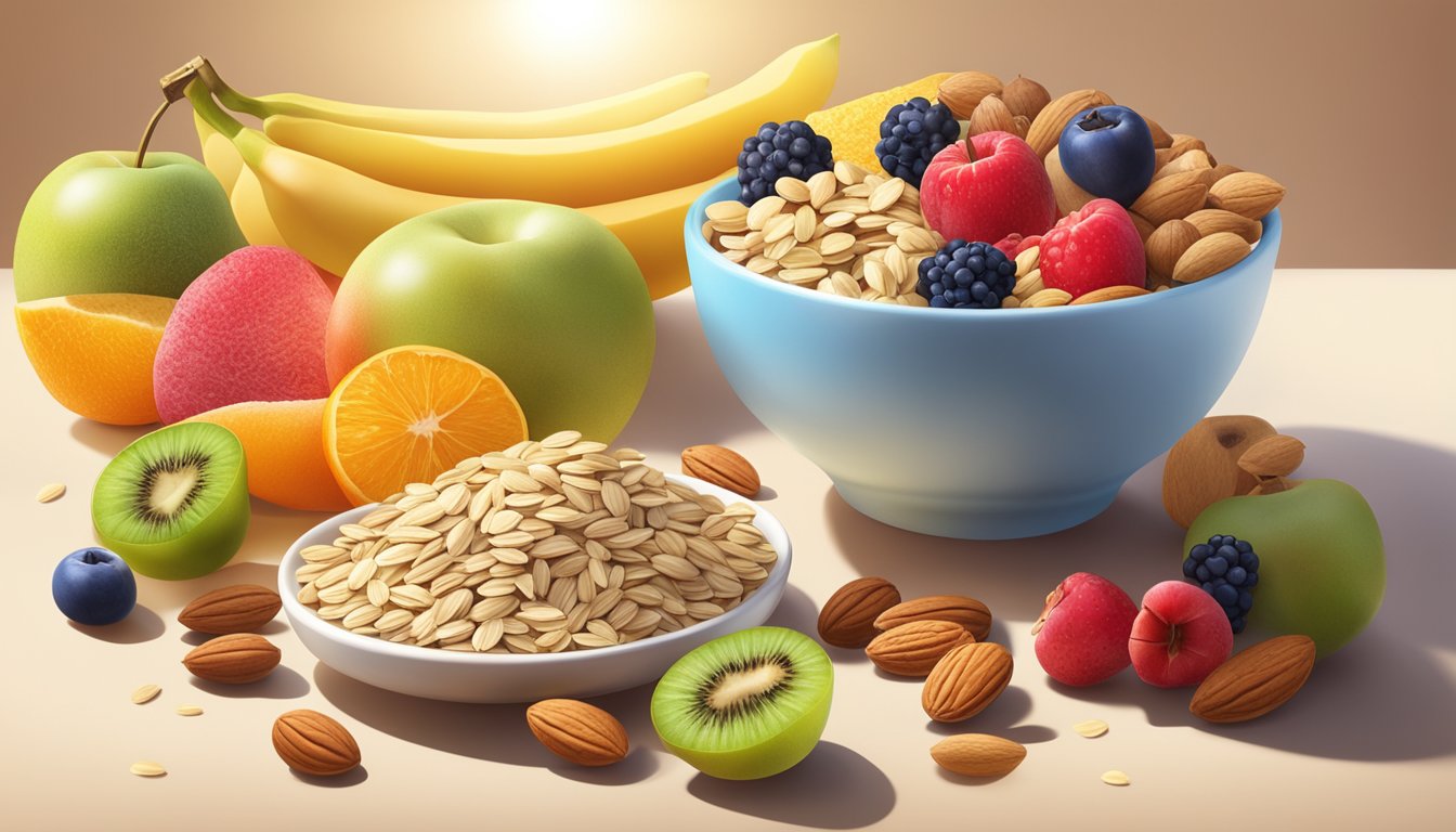 A bowl of oats surrounded by various fruits and nuts, with a beam of sunlight shining down, highlighting the unique compounds and health benefits