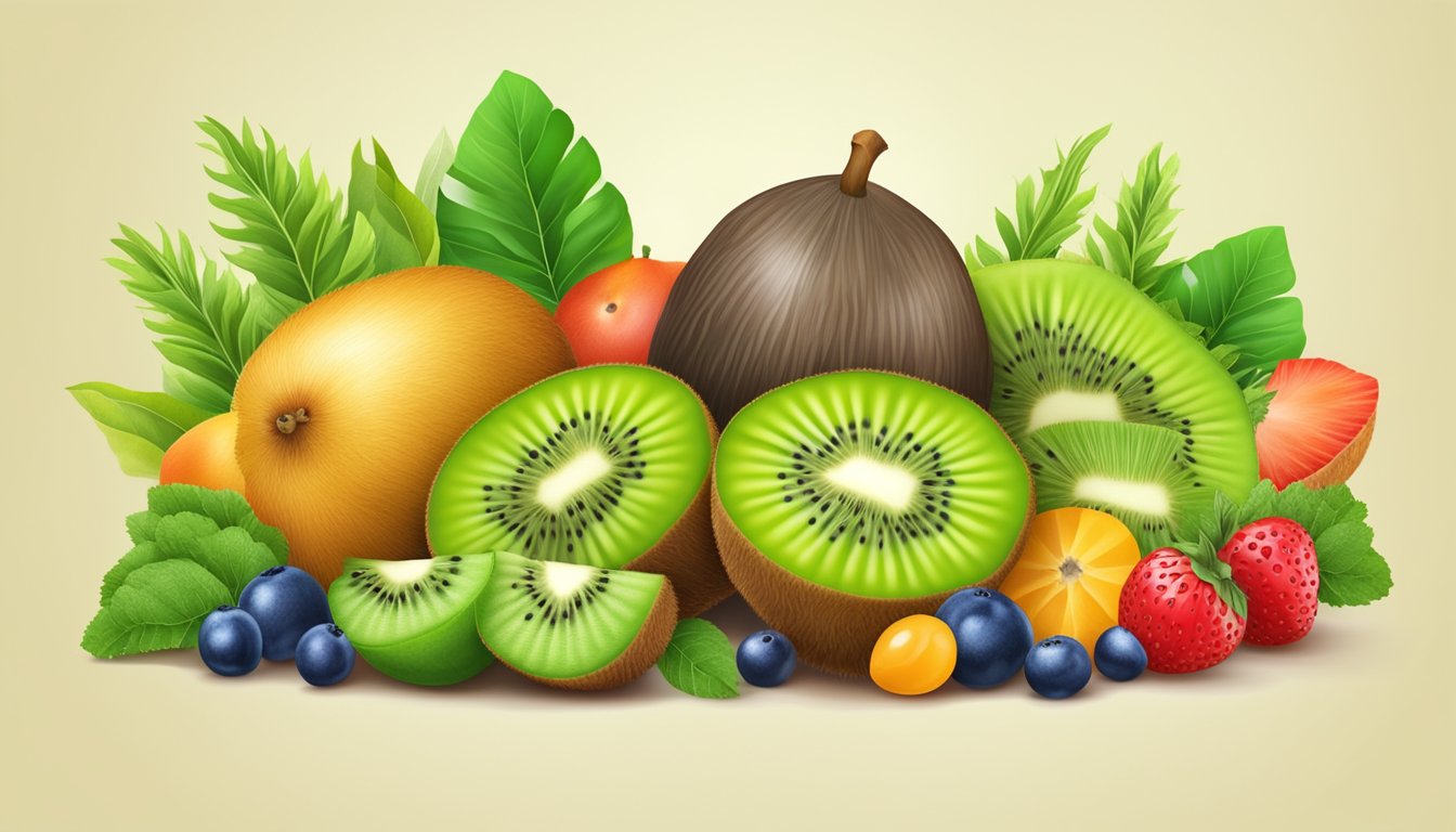 A vibrant kiwi fruit surrounded by a variety of colorful fruits and vegetables, conveying the idea of health and nutrition benefits