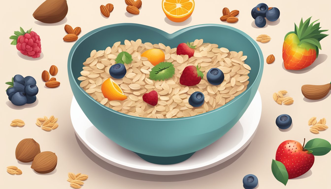 A bowl of oats surrounded by various fruits and nuts, with a heart and a brain floating above it, symbolizing the health benefits of oats on cardiovascular and cognitive health