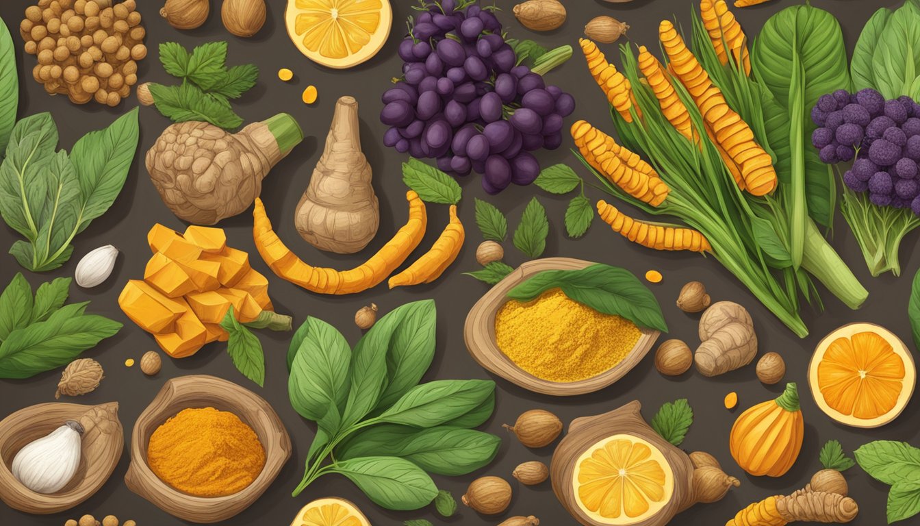 A vibrant scene of turmeric root and powder surrounded by various fruits, vegetables, and herbs, symbolizing its role in disease prevention and management