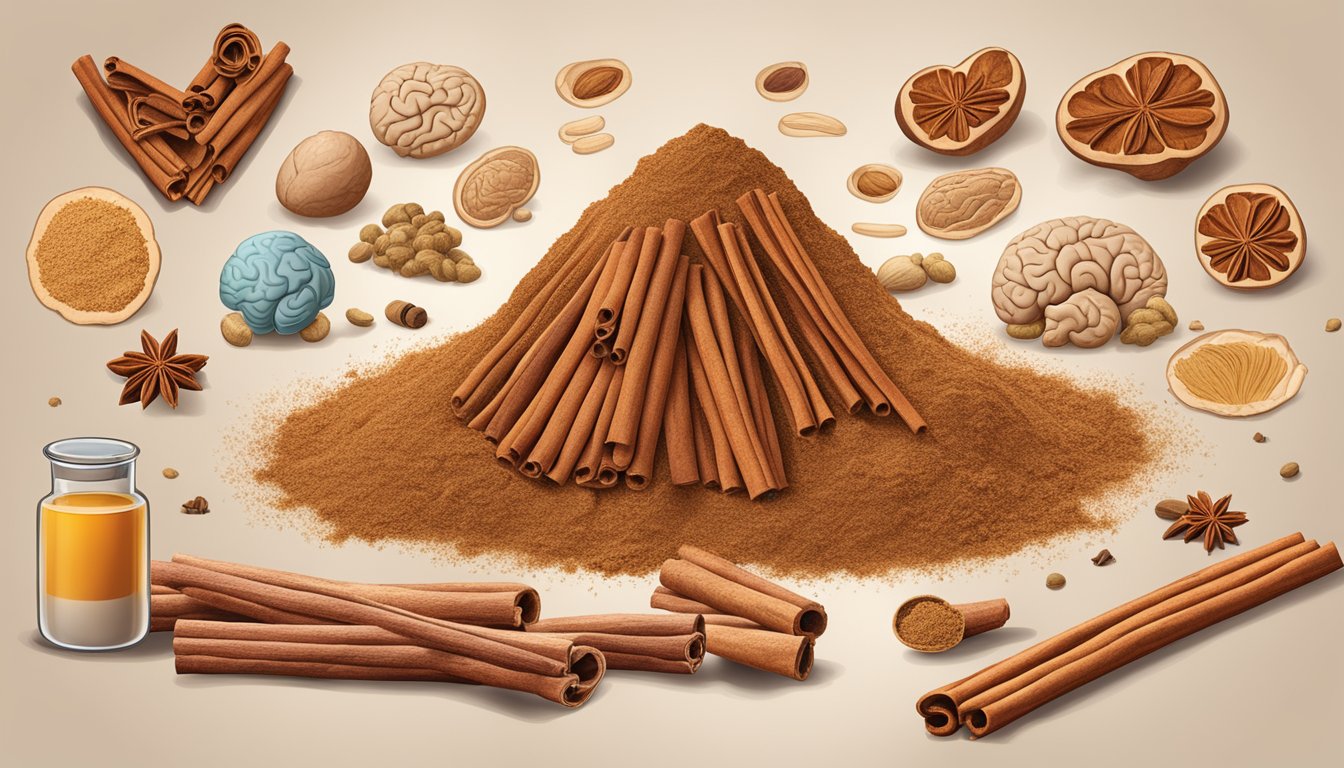 A pile of cinnamon sticks and powder surrounded by images of heart, brain, and digestive system to depict health benefits