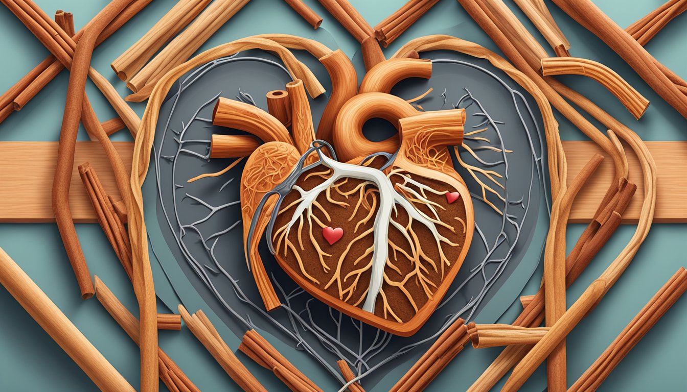 A heart surrounded by cinnamon sticks and blood vessels, symbolizing cardiovascular health benefits