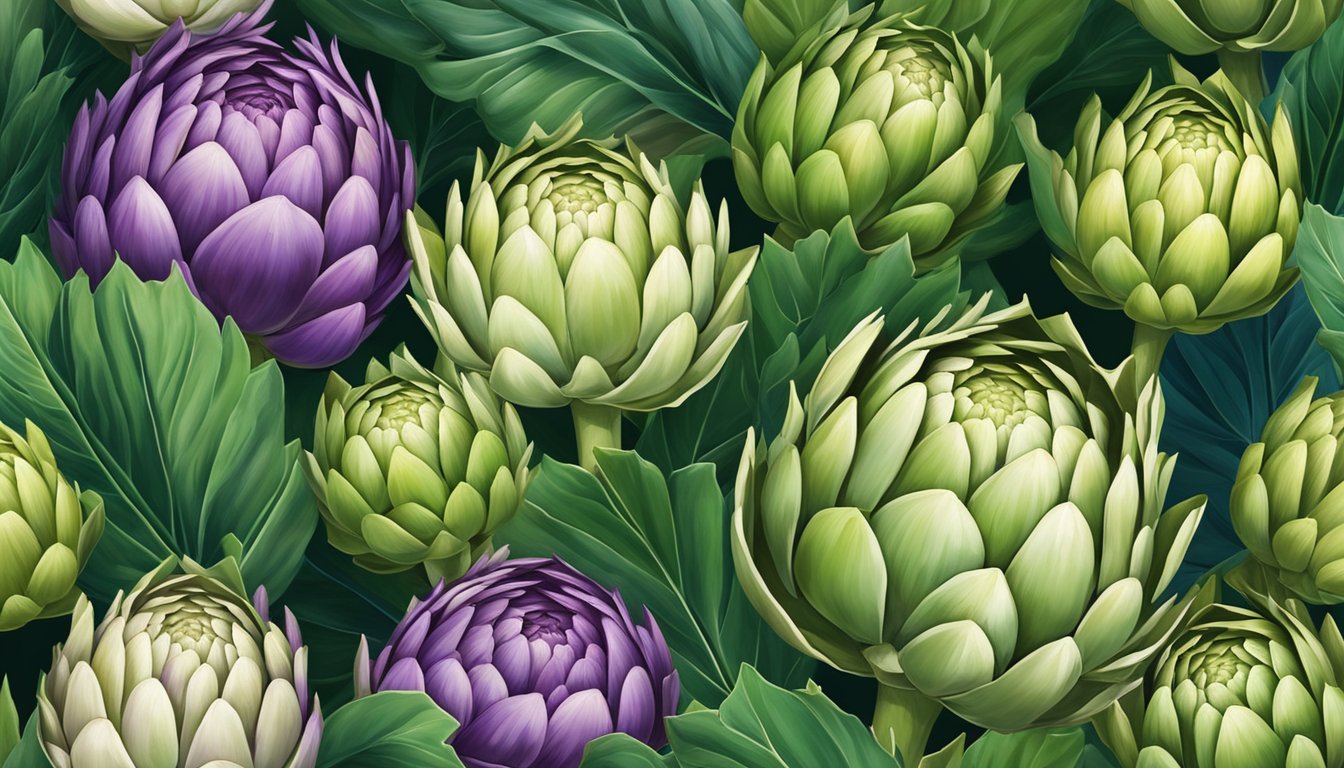 A colorful array of fresh artichokes, surrounded by vibrant green leaves and stems, with a focus on their unique shape and texture