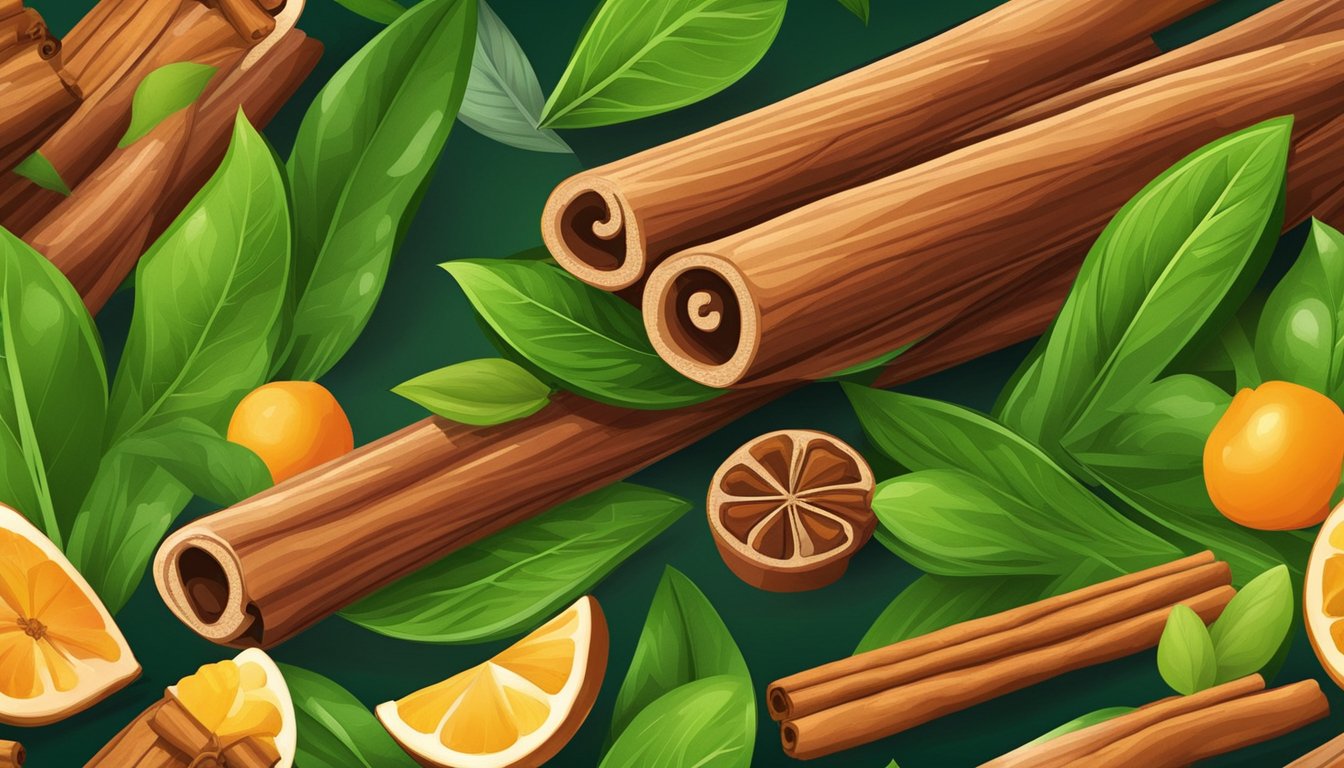 A small pile of cinnamon sticks and powder surrounded by vibrant green leaves and colorful fruits, symbolizing the various health benefits of cinnamon