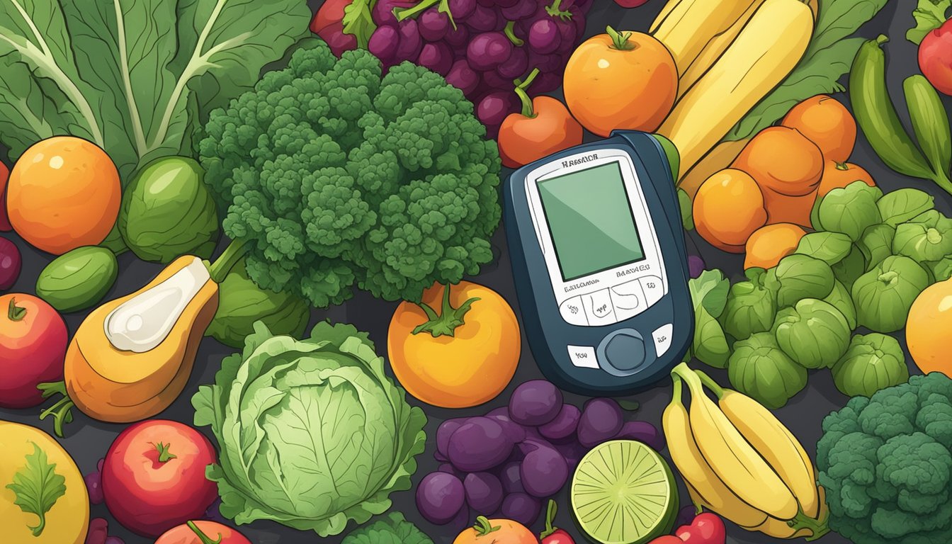 A vibrant bunch of kale surrounded by various fruits and vegetables, with a scale and blood sugar monitor in the background