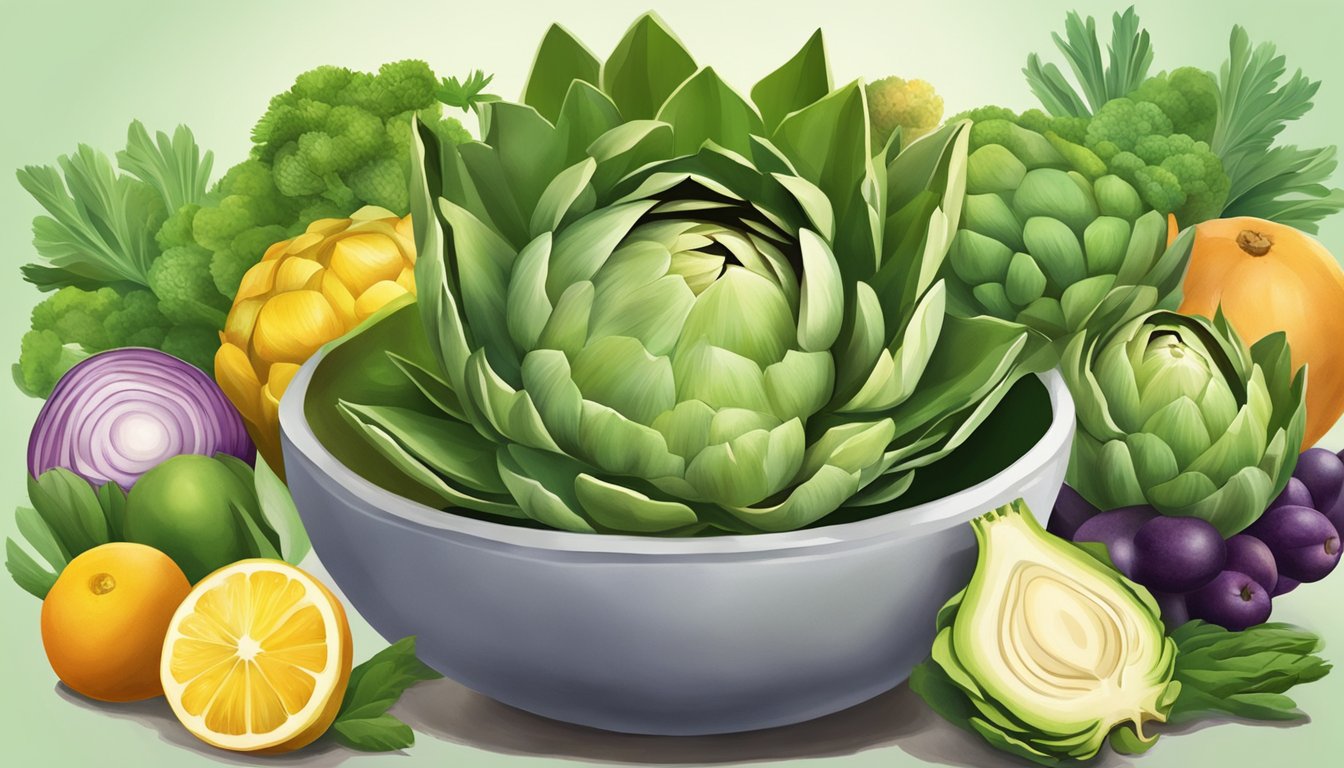 A bowl of fresh artichokes surrounded by various fruits and vegetables, with a focus on the vibrant green color and unique shape of the artichokes