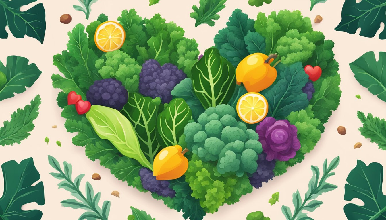 A vibrant bunch of kale leaves arranged around a heart-shaped symbol, surrounded by icons of health and wellness