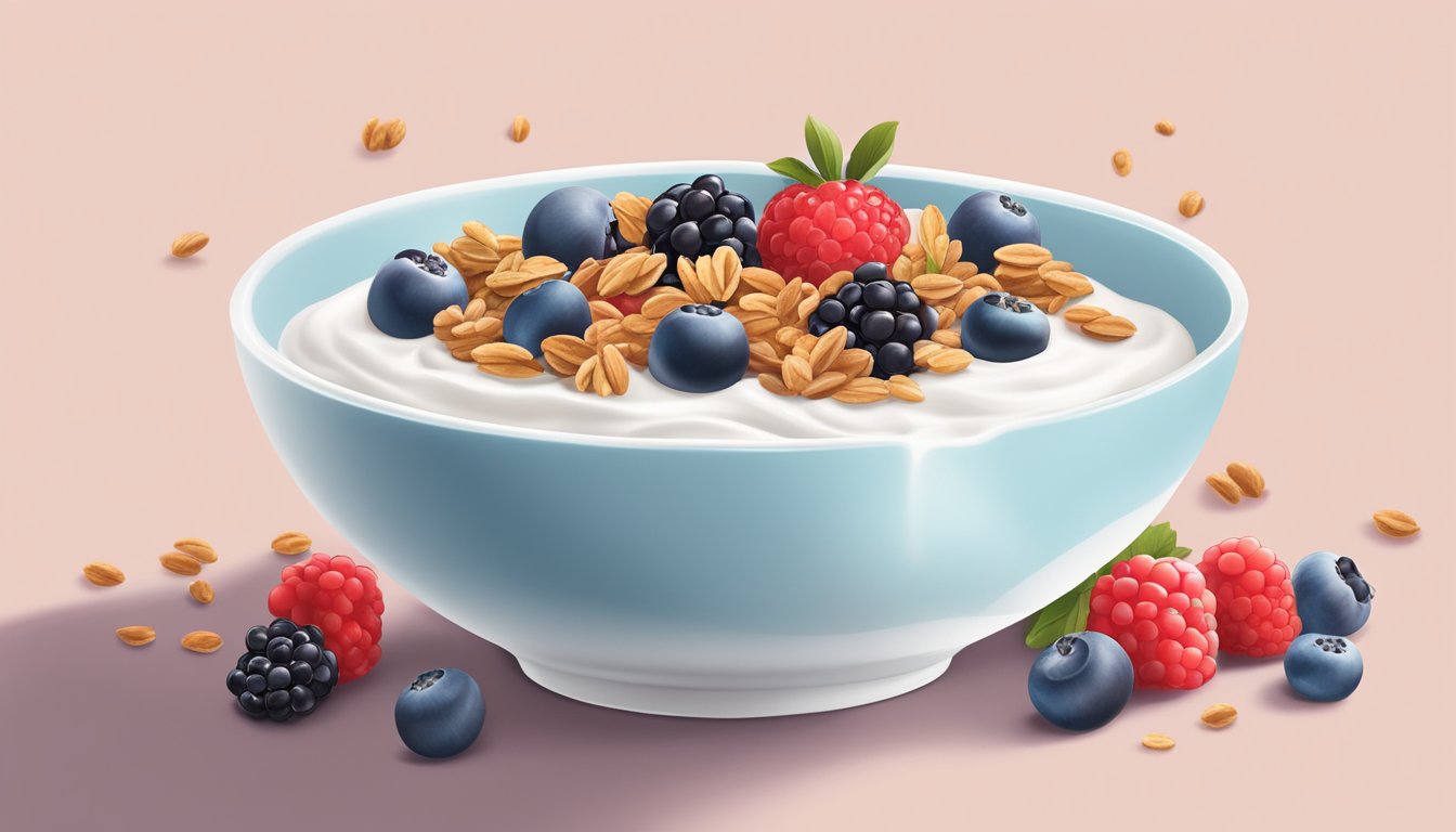 A bowl of Greek yogurt surrounded by fresh berries and a sprinkle of granola, showcasing its high protein and probiotic content