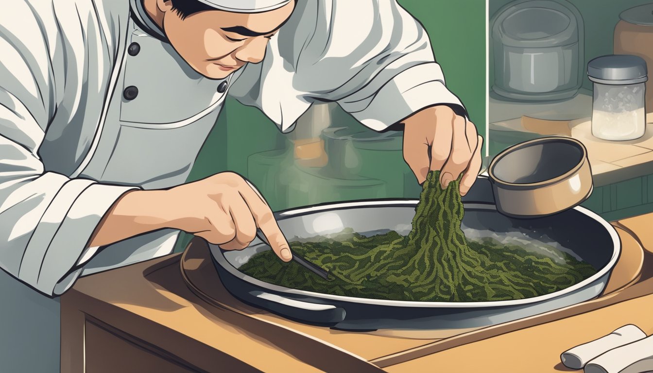 A chef adding dried seaweed to a steaming pot of miso soup