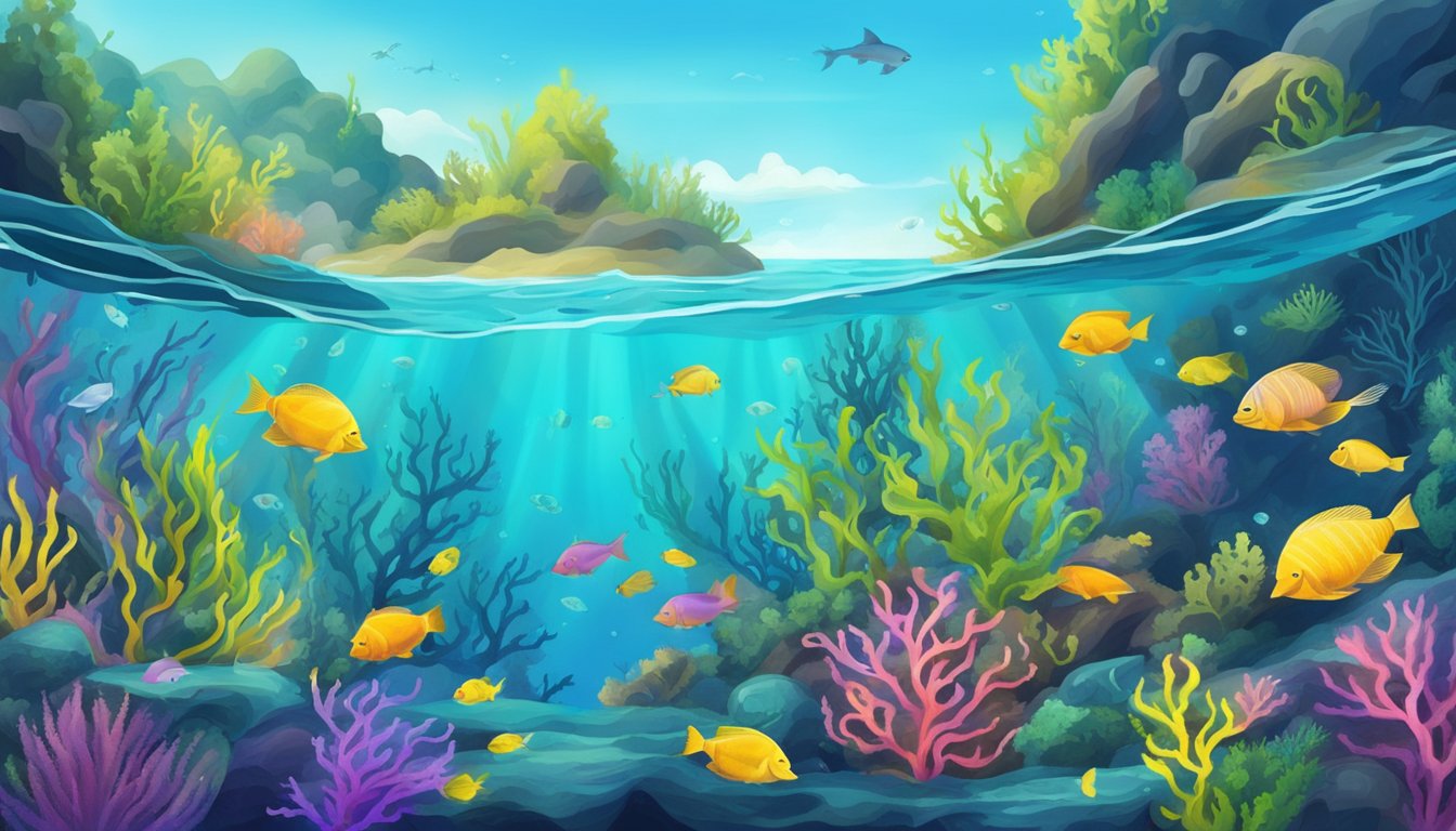 A vibrant underwater scene with various types of seaweed swaying in the current, surrounded by colorful marine life and clear blue water