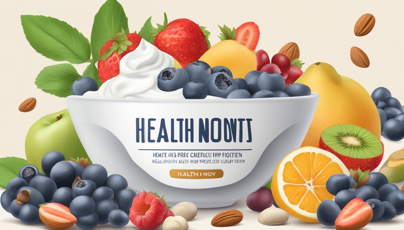 A bowl of Greek yogurt surrounded by fresh fruits and nuts, with a label listing health benefits such as probiotics and high protein content