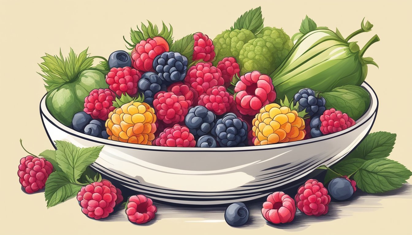 A bowl of fresh raspberries surrounded by various fruits and vegetables, with a shining sun in the background