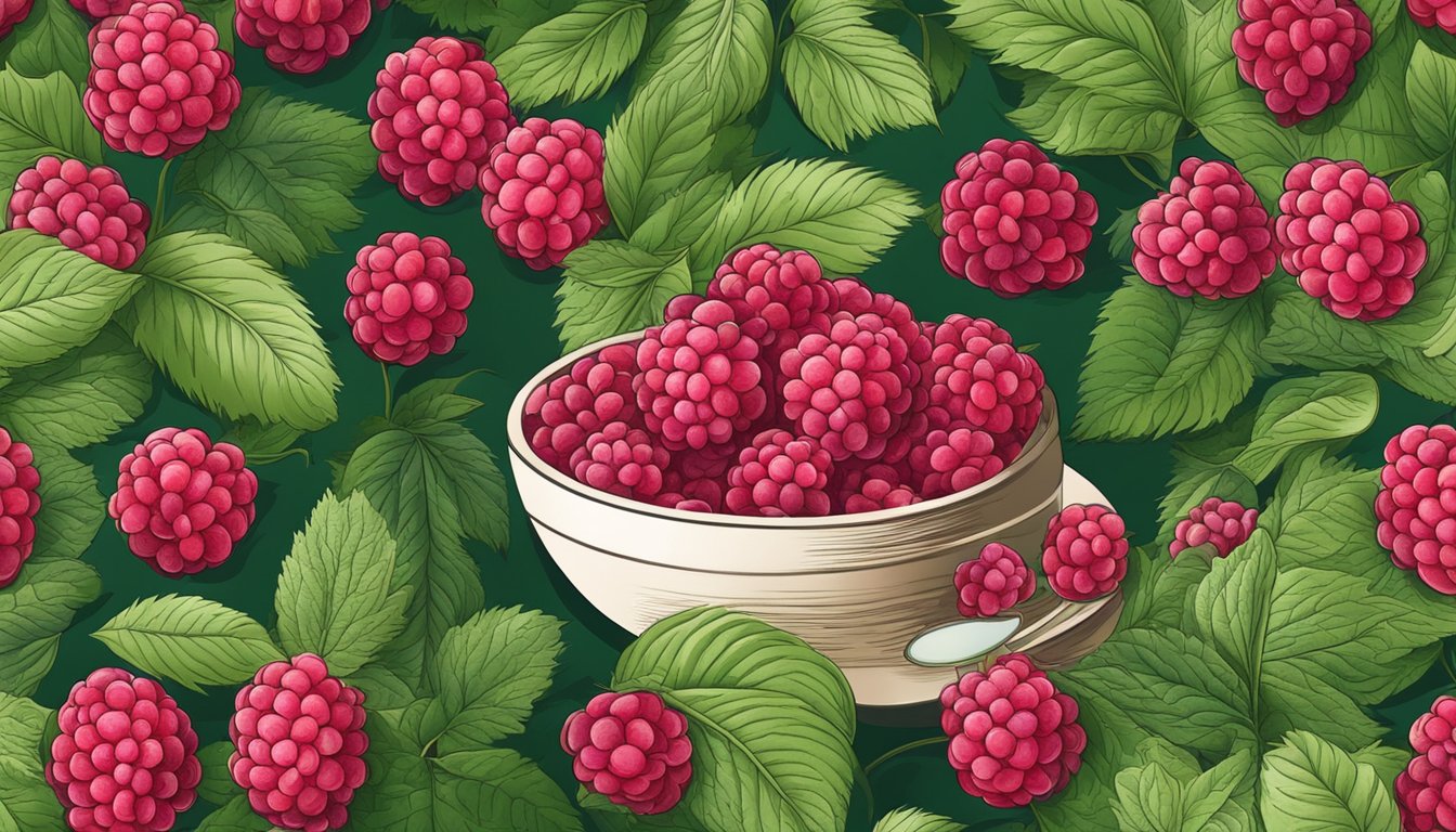 A bowl of fresh raspberries surrounded by vibrant green leaves, with a magnifying glass focused on the intricate details of the fruit