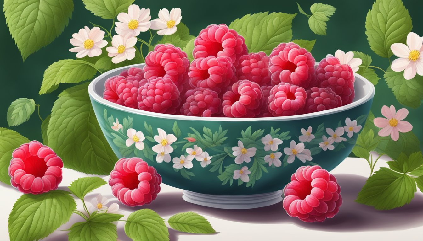 A bowl of fresh raspberries surrounded by green leaves and blooming flowers, evoking a sense of tranquility and mental wellbeing