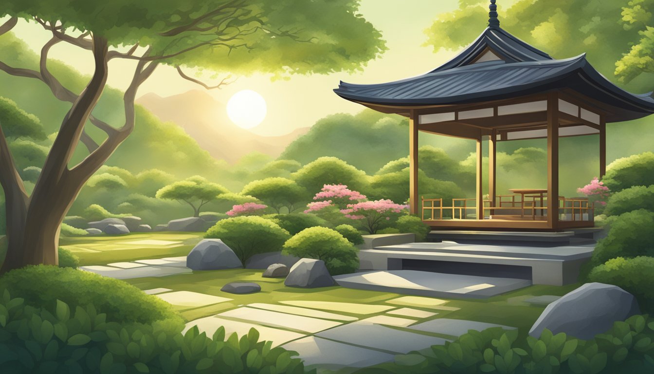 A serene Japanese garden with a traditional tea ceremony set-up, surrounded by lush green tea bushes. The sunlight filters through the leaves, creating a peaceful and calming atmosphere