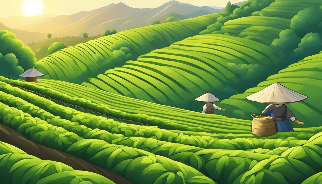 A serene green tea plantation with lush, rolling hills and workers carefully harvesting tea leaves under the warm sunlight