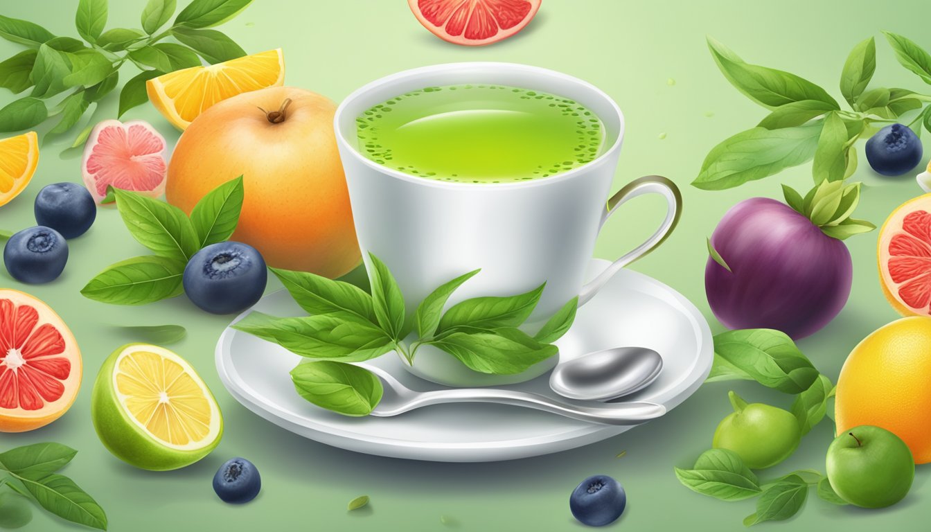 A steaming cup of green tea surrounded by fresh tea leaves and a variety of colorful fruits and vegetables