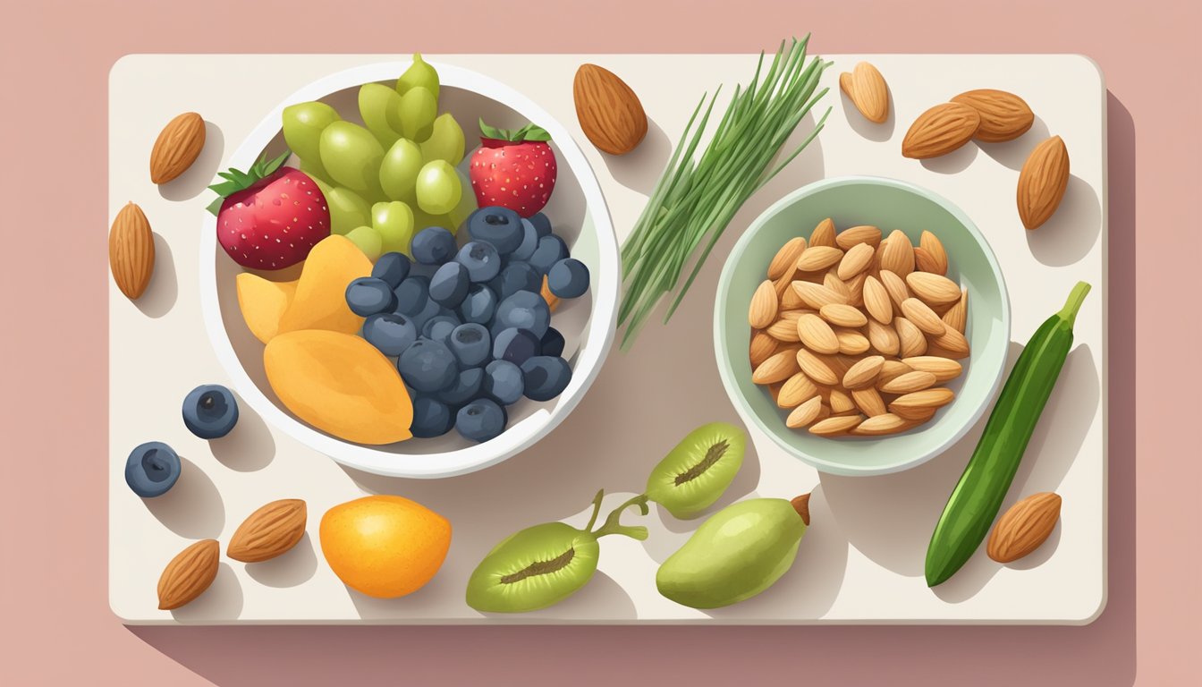 A bowl of almonds surrounded by various fruits and vegetables, with a measuring cup of almonds poured out next to it