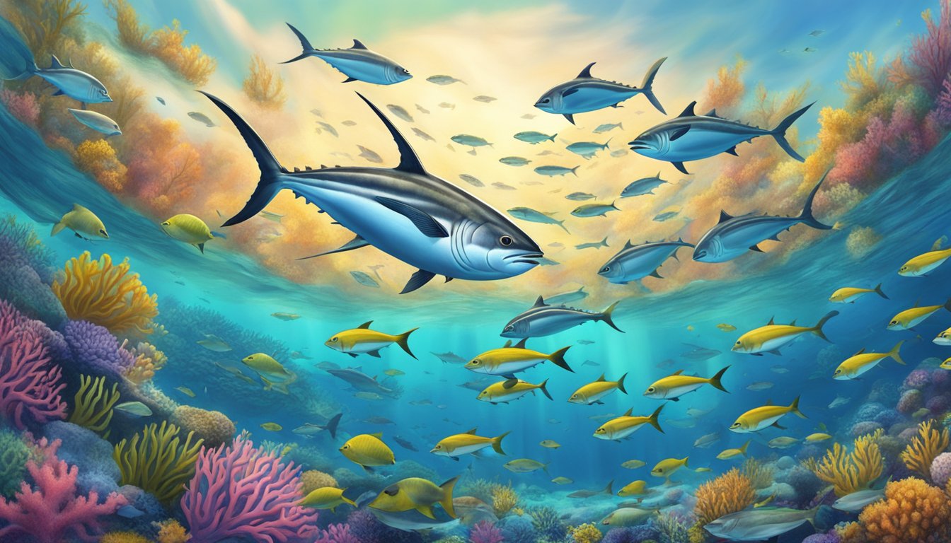 A school of tuna swimming in clear, pristine waters with vibrant coral and diverse marine life surrounding them