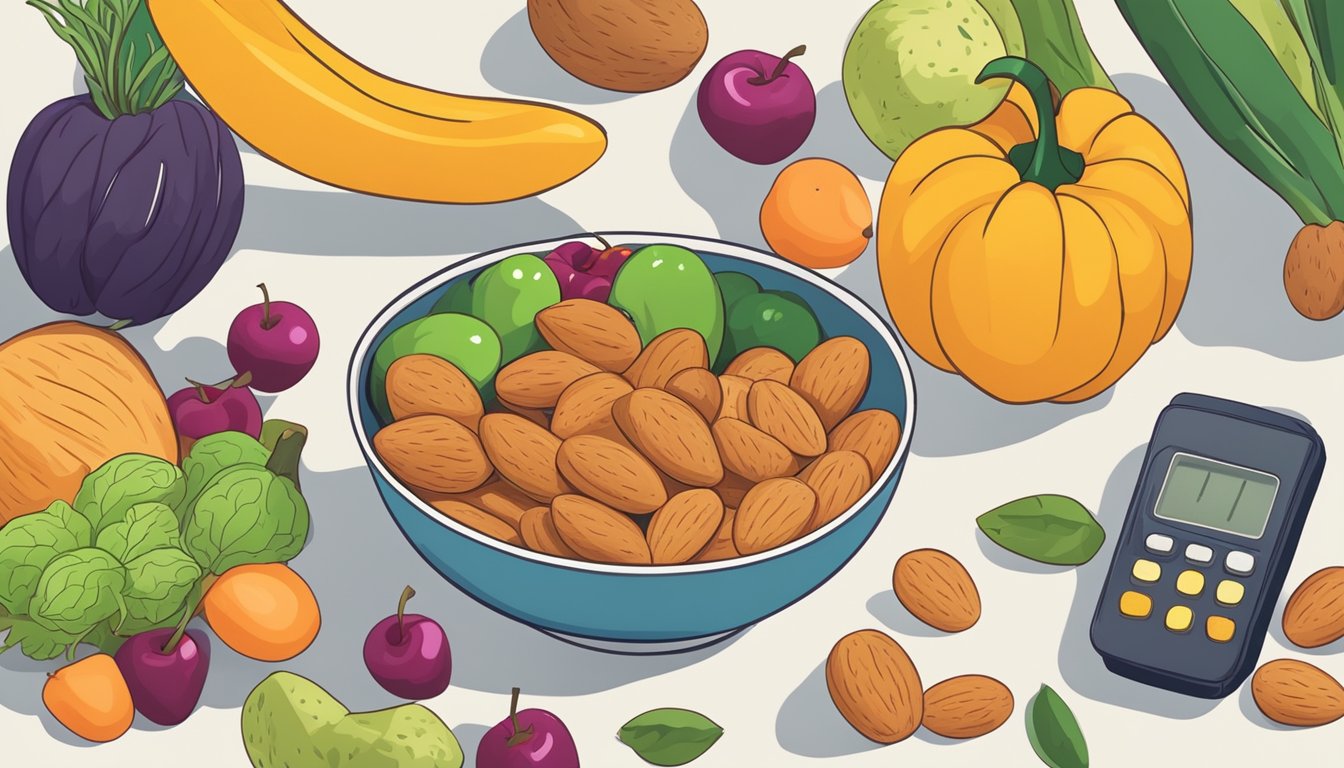 A bowl of almonds surrounded by various fruits and vegetables, with a measuring tape and a heart rate monitor nearby