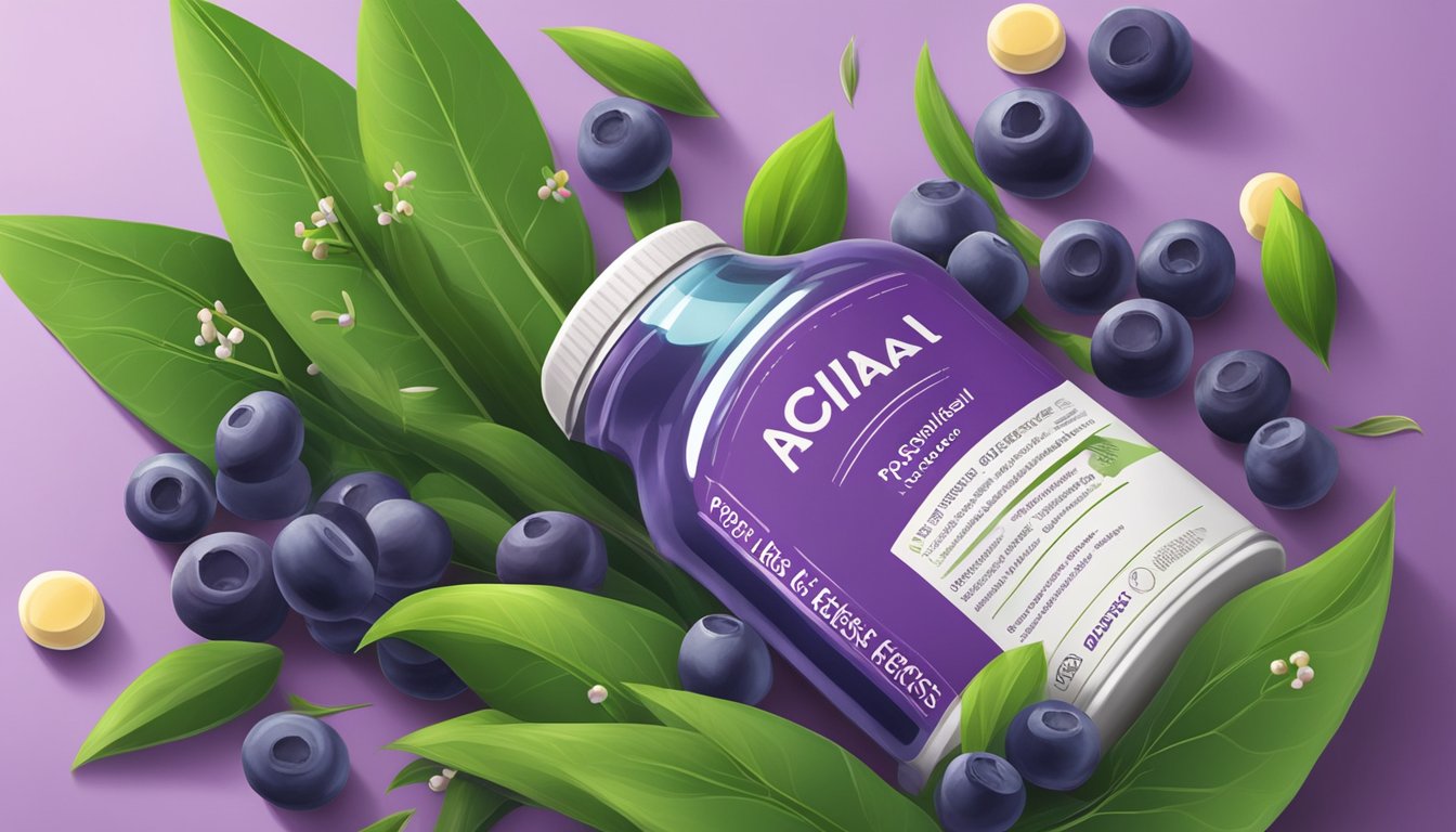 Acai berries surrounded by vibrant green leaves and small purple flowers, with a bottle of pills labeled "Potential Risks and Side Effects" nearby