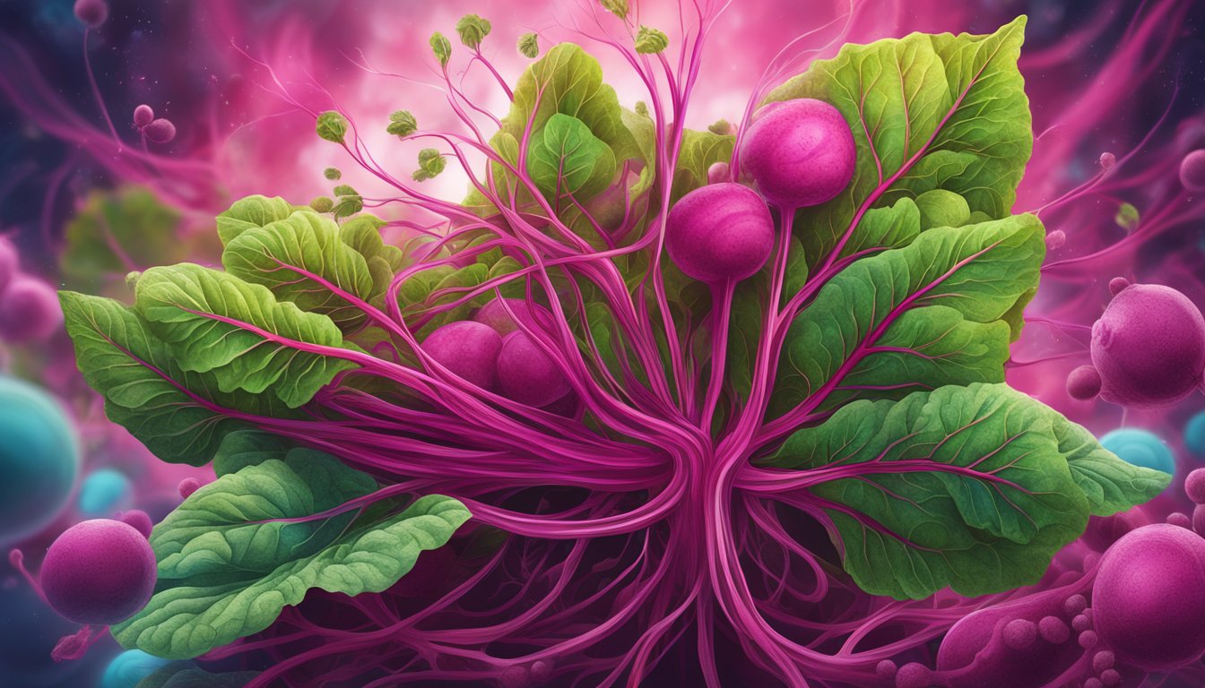 A vibrant beetroot plant surrounded by a swirling vortex of microscopic immune cells and anti-inflammatory molecules