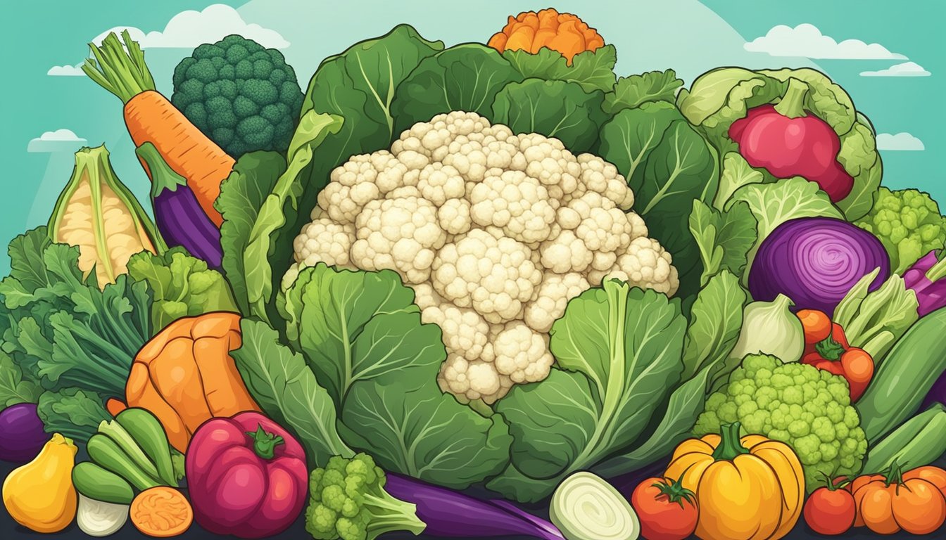 A vibrant head of cauliflower surrounded by colorful vegetables and a variety of special diet labels