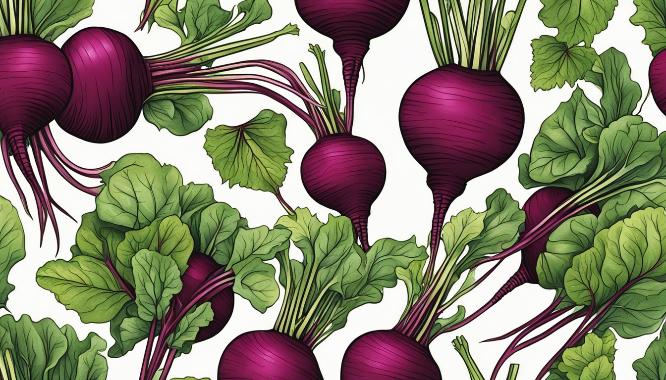 A vibrant bunch of beets surrounded by leafy green stems, showcasing their rich color and earthy appeal