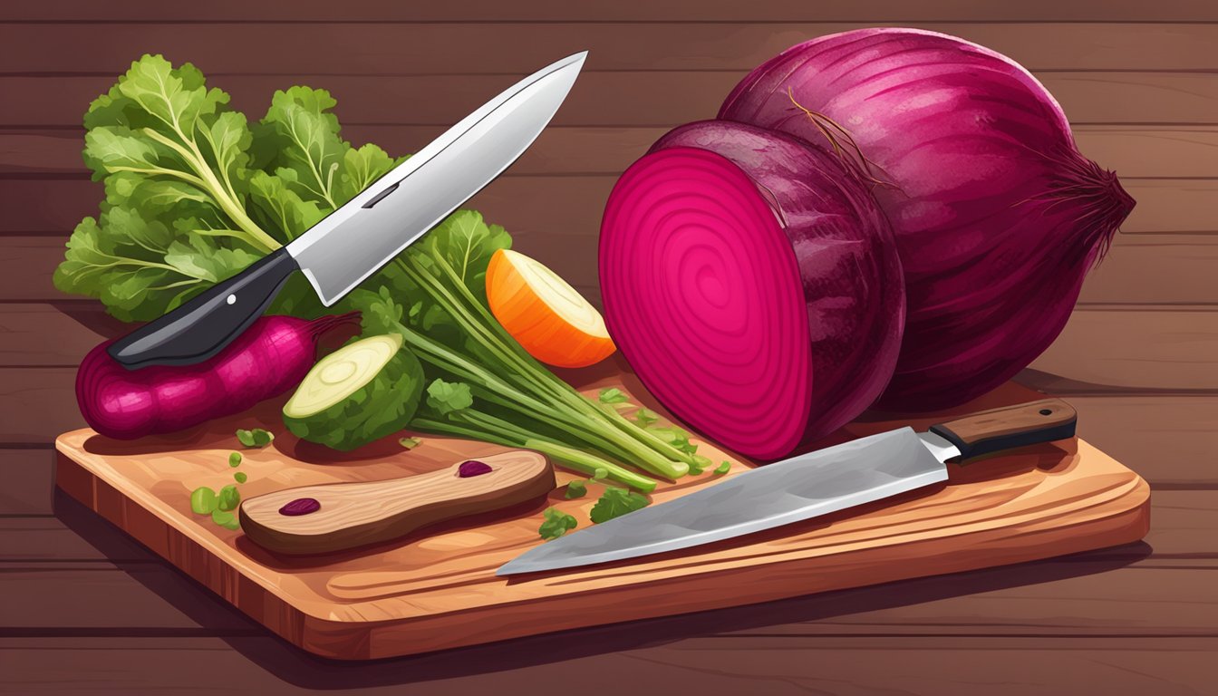 A vibrant beetroot being sliced and prepared, surrounded by various fresh ingredients and a chef's knife on a wooden cutting board