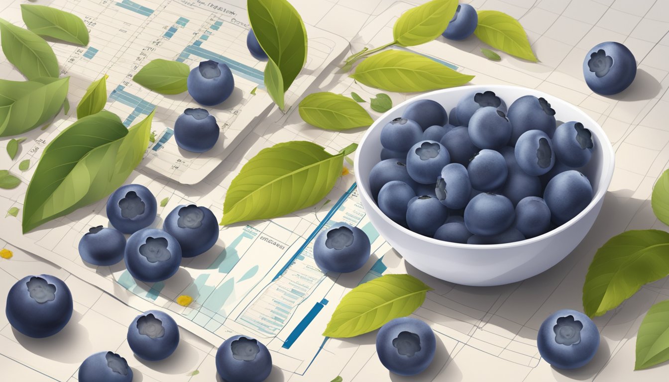 A bowl of ripe blueberries surrounded by scattered leaves and flowers, with a measuring tape and a nutrition chart in the background